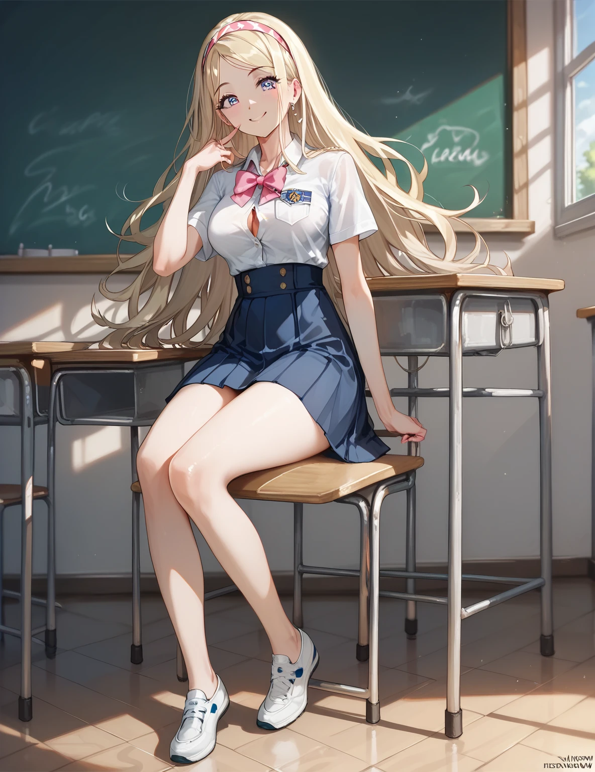 looking at the spectator,  masterpiece,  correct anatomy , necessary, The best quality, (nsfw), A beautiful young woman (full body , big breasts,  slim waist,  big ass, long blonde hair, loose hair, wearing a headband  , Blue eyes, daring smile  ), wears a school uniform of white t-shirt with a pink bow and black buttons with the school logo on the left shoulder and short brown table skirt with yellow squares in a school classroom,