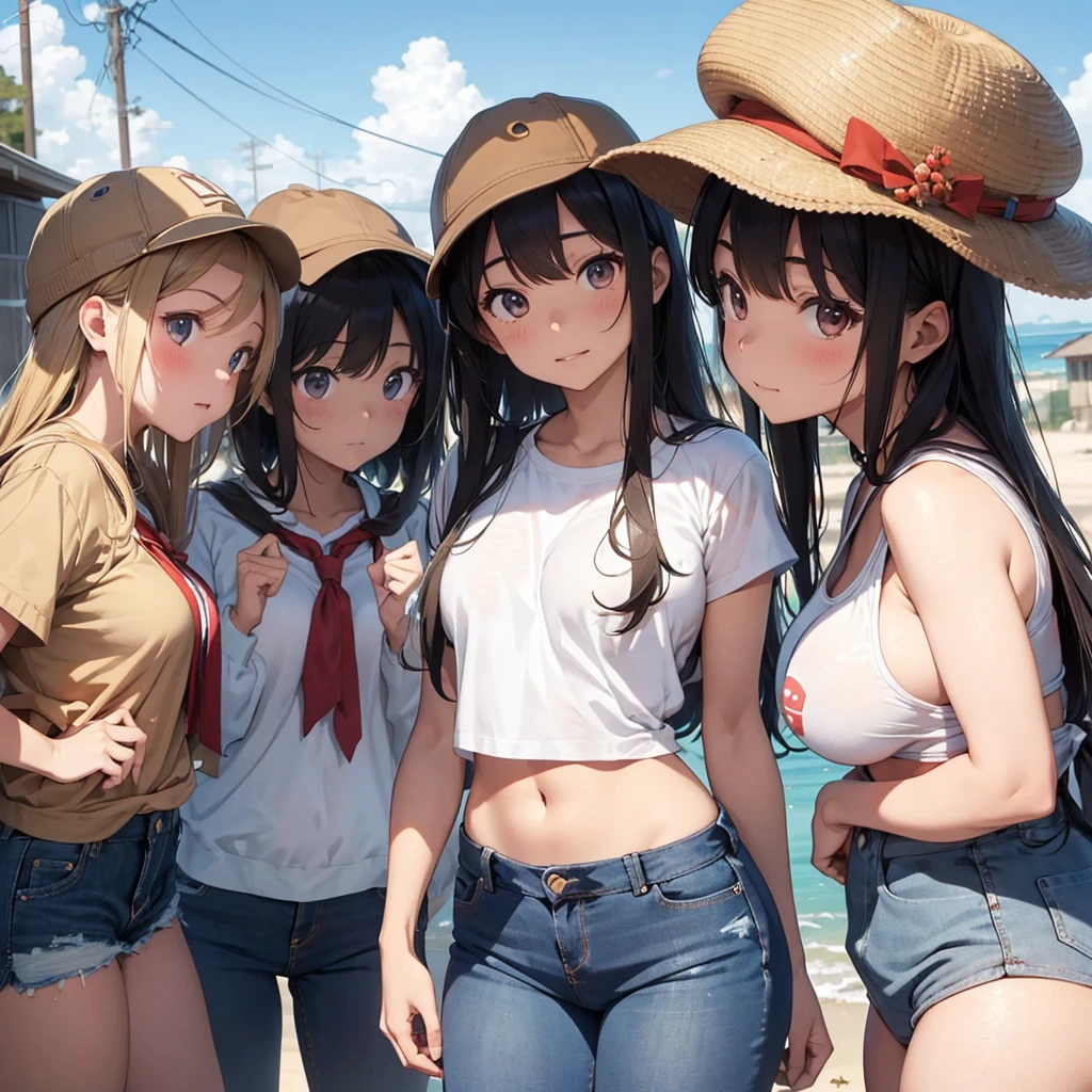 ((masterpiece, best quality, ultra quality, high quality, hyper detailed, intricate detailed, perfect anatomy, shiny skin, cowboy shot,)), (3women are posing for a camera on the beach),  (Front lighting:1.5), (Lift up your shirt), (full nude), (Laughing with your mouth open),  Stand in line ,  brown hair, blond hair, navel, jewelry, looking at viewer, necklace, long hair, short hair, Abdominal muscles, 