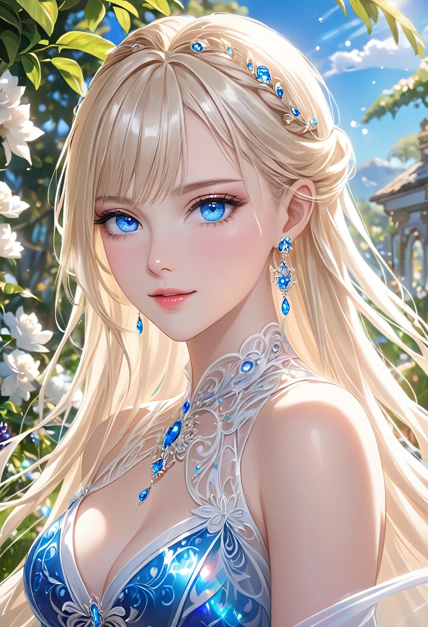 (masterpiece), ( best quality), Slim and curvy body type, Perfect Eyes,  perfect face,  perfect lighting,  1 girl, Great clothes,  eyeshadow, Thick eyelashes,  Fantasy , Beautifully Decorated Sexy Dress , Bright and beautiful face,  Shiny White Skin , The ultimate beauty,  earrings for a woman alone,  World's Most Beautiful Light Blonde Hair,  long straight hair, Shiny, beautiful bangs,  shining transparent big blue eyes ,  VERY BEAUTIFUL, The most beautiful girls, Mid-chest,  look at me and smile, Detailed outdoor background, garden,  blue sky,  Detailed Illustration Art , 