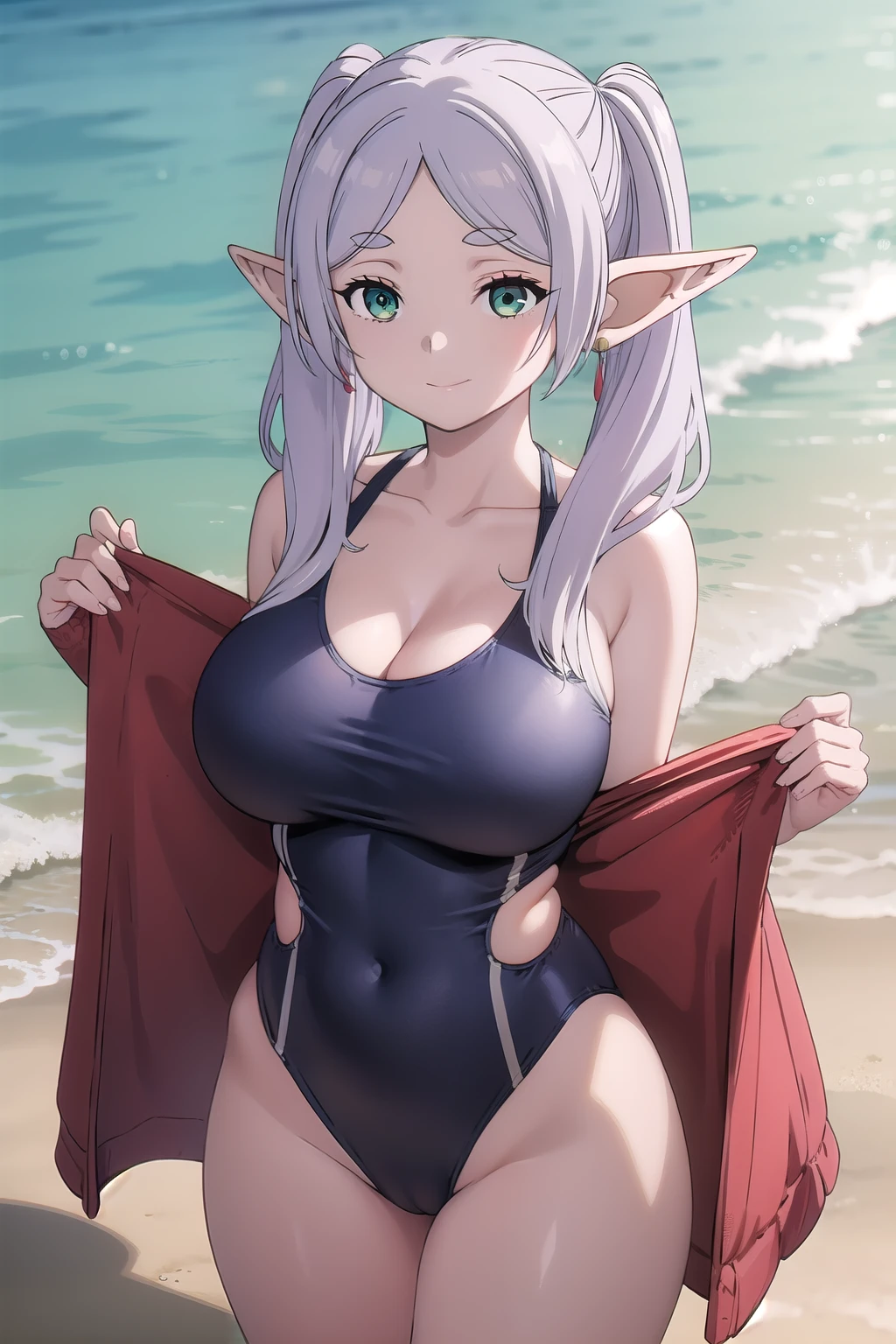 masterpiece, best quality, (illustration), solo, Frieren, pointy ears, twintails, green eyes, elf, long hair, white hair, thick eyebrows, parted bangs, breasts, standing, upper body, smile, gigantic breasts ,wear Red one-piece swimsuit,cleavage cutout ,butt cutout,swimsuit v ,Beach background,running,boucing breasts,(looking at viewer)