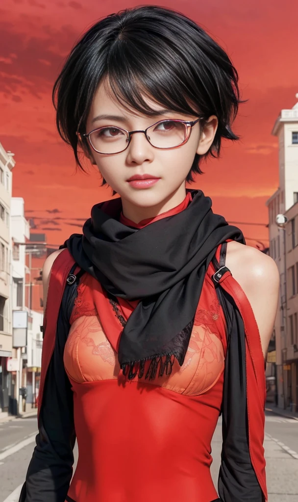 masterpiece, best quality, (realistic,photo-realistic:1.4), (RAW photo:1.2), extremely detailed CG unity 8k wallpaper, delicate and beautiful, amazing,finely detail, official art, absurdres, incredibly absurdres, huge filesize, ultra-detailed,extremely detailed eyes and face,light on face,sarada,(little smile:1.2),(black hair:1.4),(very short hair:1.4),nature,sarada uchih ,(wearing black framed glasses:1.5),(wearing lingerie:1.5),city,(red sky:1.4),(red eyes:1.6),necktie,(black scarf:1.5)