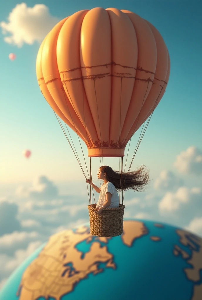 A picture of a hot air baloon whose baloon is a the (map of Earth: best detailed, masterpiece, ultra detailed: 1.5), it flies at dawn, over rolling grass hills, high details, best quality, 16k, [ultra detailed], masterpiece, best quality, (ultra detailed), full body, ultra wide shot, photorealism 3d rendering,