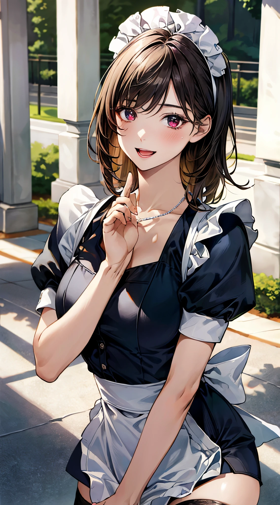 (masterpiece:1.2, highest quality), (realistic, photorealistic:1.4), beautiful illustrations, 
looking at the viewer, whole body, Front view:0.6, 
1 female, 20-year-old, Japanese, ((black hair、Long hair in a chignon:1.6)), thin waist、beautiful hair, beautiful face, beautiful and detailed eyes, (shining eyes:1.3), beautiful clavicle, beautiful body, beautiful breasts, beautiful thighs, beautiful feet, beautiful fingers, perfect ???????:1.3, perfect ???????
(kitchen:1.3)
((blouse, apron, skirt, choker:1.6)), 
((右手でskirtの裾を掴みます, put your left hand on your chest,)), 
(Look at the viewer while blushing:1.3)