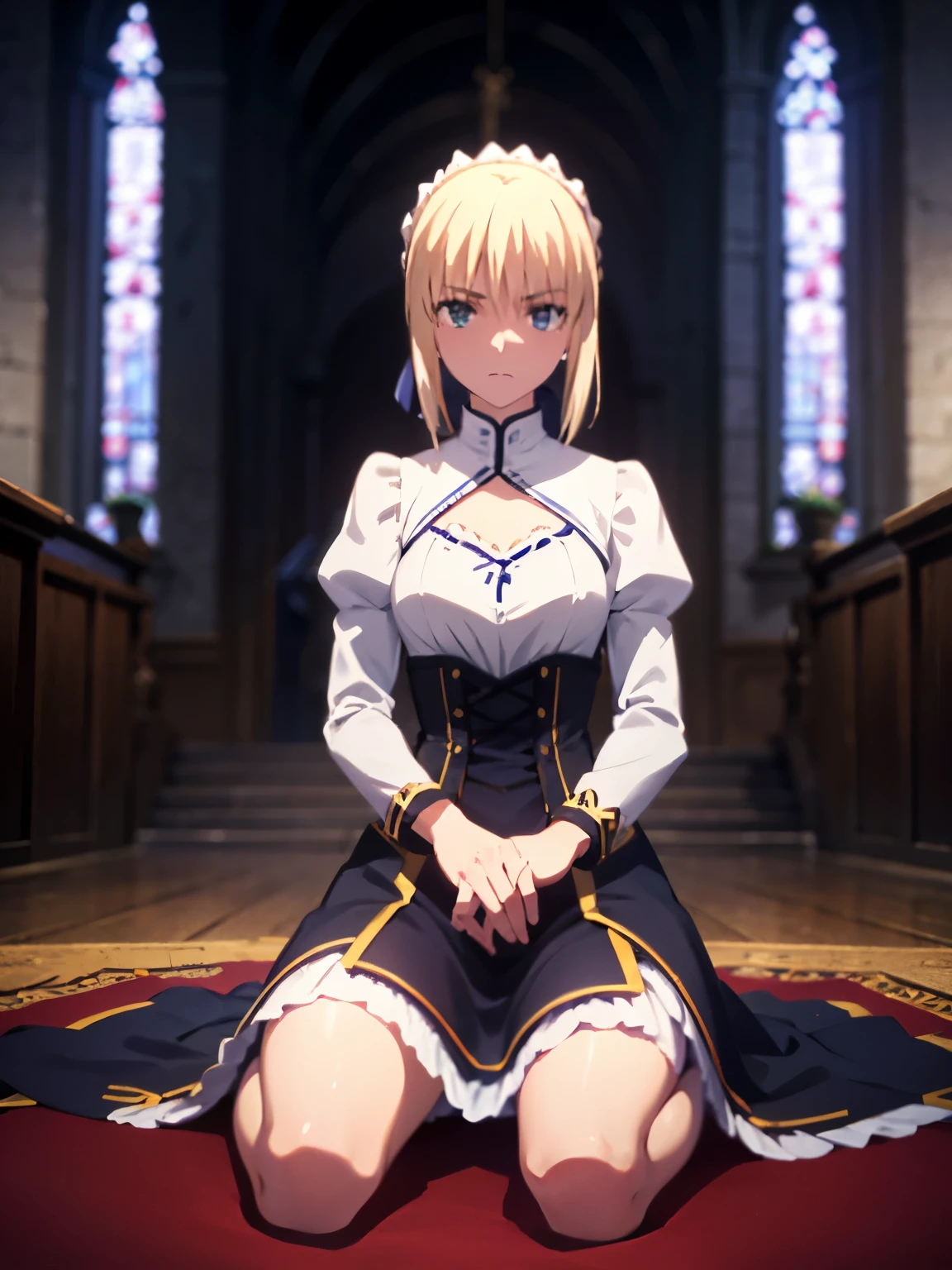saber from fate; up to down perspective; mini-skirt; aesthetic; bohemian; realistic; stockings; skinny fit; praying sitting on her knees; emo; staring on foreground;; night church background; Dark fantasy ; focus on hips; goddess; solo girl; excallibur