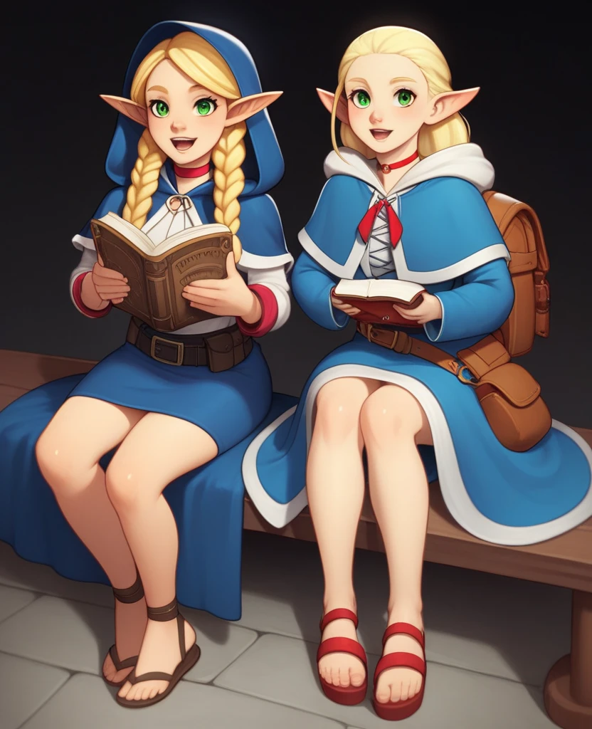 1girl, frieren, frieren: beyond journey, bag, holding book, 1girl, marcille donato, d, backpack, bag, belt, belt pouch, black background, blonde hair, blue capelet, blue robe, book, braid, capelet, choker, elf, full body, green eyes, holding, holding book, sit hood, hood down, hooded capelet, long hair, long sleeves, looking at viewer, marcille donato, multiple braids, open mouth, pants, pointy ears, pouch, red choker, robe, sandals, side, frieren and marcille , sitting next to each other