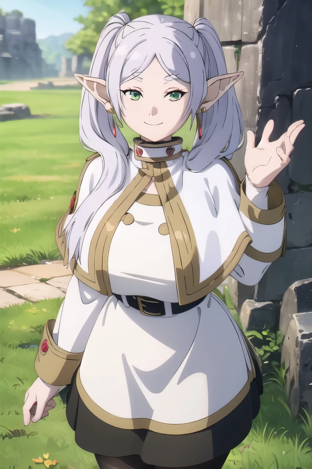 1girl, (masterpiece:1.3), (high resolution), (8K), (extremely detailed), (4k), (pixiv), perfect face, nice eyes and face, (best quality), (super detailed), detailed face and eyes, (solo), textured skin, absurdres, highres, wz_sousou_no_frieren_style, wz_sousou_no_frieren_style, twintails, very long hair, silver hair, pointy ears, elf, white capelet, green eyes,  black pantyhose, earrings, white skirt, belt, white sleeves, pov, selfie, light, smile, light rays, sunlight, butterfly, grass, stone street,gigantic breasts