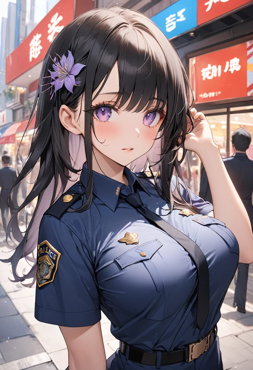 (masterpiece, highest quality:1.2),1 cowboy shot,girl,18 year old beauty、solo,ponytail hair,dark purple hair,slender body,skinny,medium breasts,oily skin,shiny skin,Police uniform、mini skirt、on street,Shibuya、Tokyo、