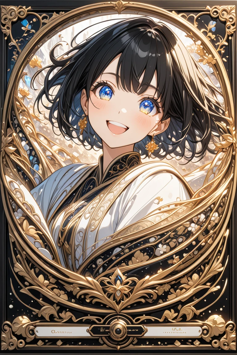  1 girl,  high definition , 最 High Quality ,  High Quality ,  High Definition Model ,  black hair, Bob Hair,  happiness/joy, smile,  character profile , throw, anime, anime style, earrings for a woman alone,  detailed eyes on board、 detailed face 、 character profile , Character portrait, accurate,  A fantastic world