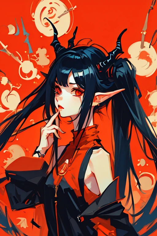 red glow eyes, pleasure emotions, red background, naughty look,1girl, dark, horns, twintails hair,, More Detail, zhurongshi, breakdomain, , Niji style,nodf_lora,niji