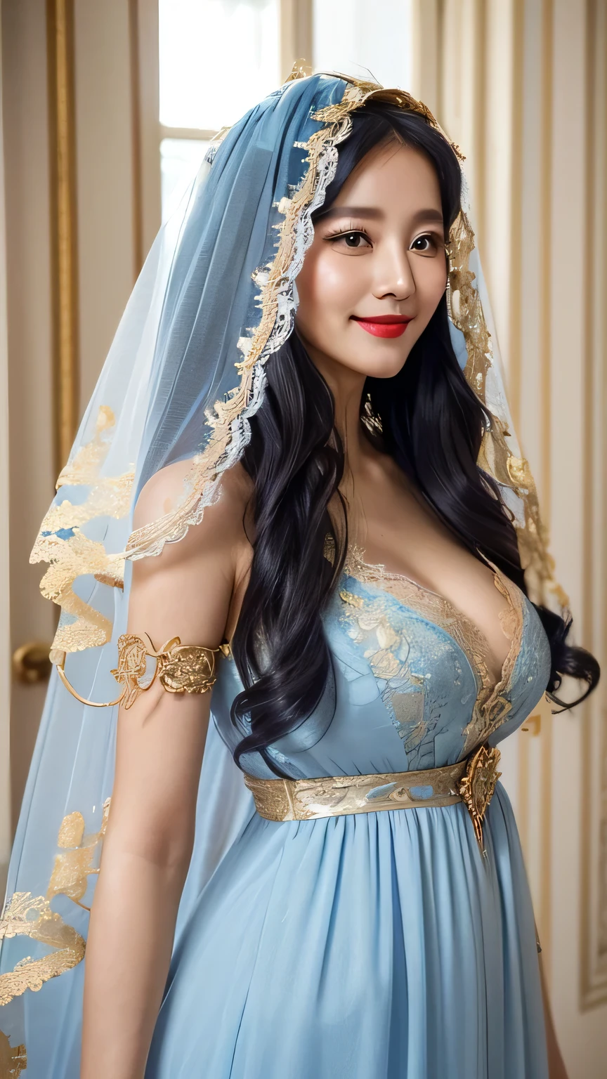 woman((50year old)), hair((light blue, wavy)), eyelue, small eyes)), ((long dress, long slevees, lace trim)), accessories ((gold ornament, veil)), gigantic breast, big boobs, classic house, korean make-up look, smiling expression, , red lips,
