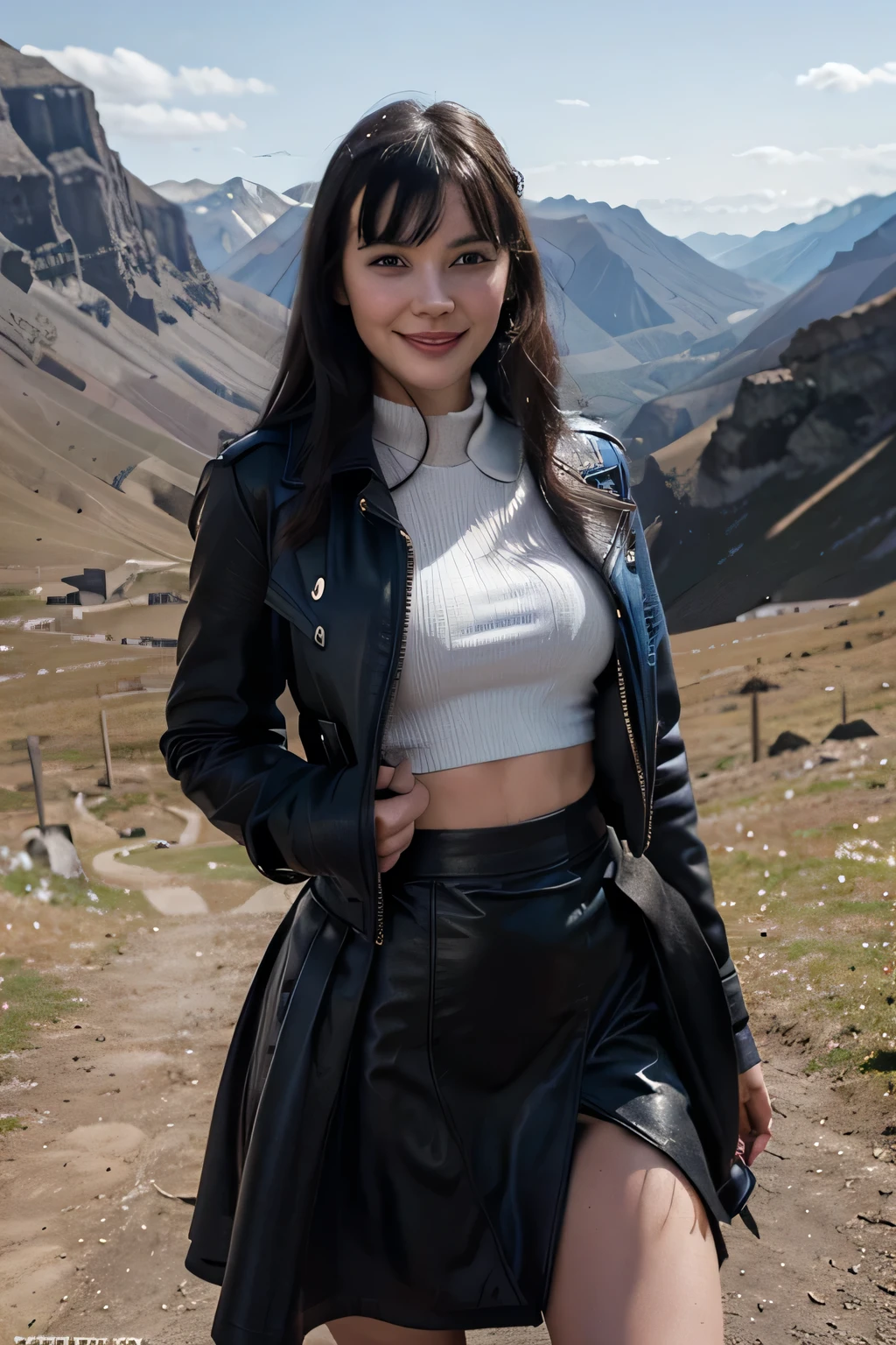 Sweaty sensual smiling betty page looking girl with and blue eyes and black leather coat black soft gloves and a skirt on the endge of a montain and the photo is taken from up front