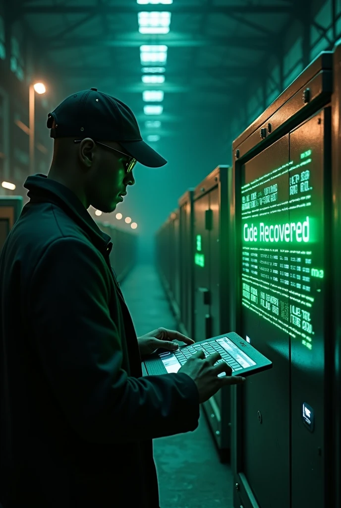 Industrial warehouse interior with flickering lights casting dramatic shadows. A spy connects a futuristic device to a digital safe. Holographic numbers spin as the spy types commands, culminating in 'Code Recovered' glowing in green. high quality, 8k, ultra hd.