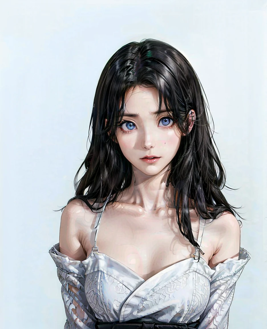 anime,(face),(beautiful detailed eyes), black hair,sliver eyes, masterpiece,looking at viewer, best_quality,white background,masterpiece,white shirt, arms behind back,   Dozens of japanese sake bottles were scattered on the gournd and some standing or lying around her, Finger optimization
