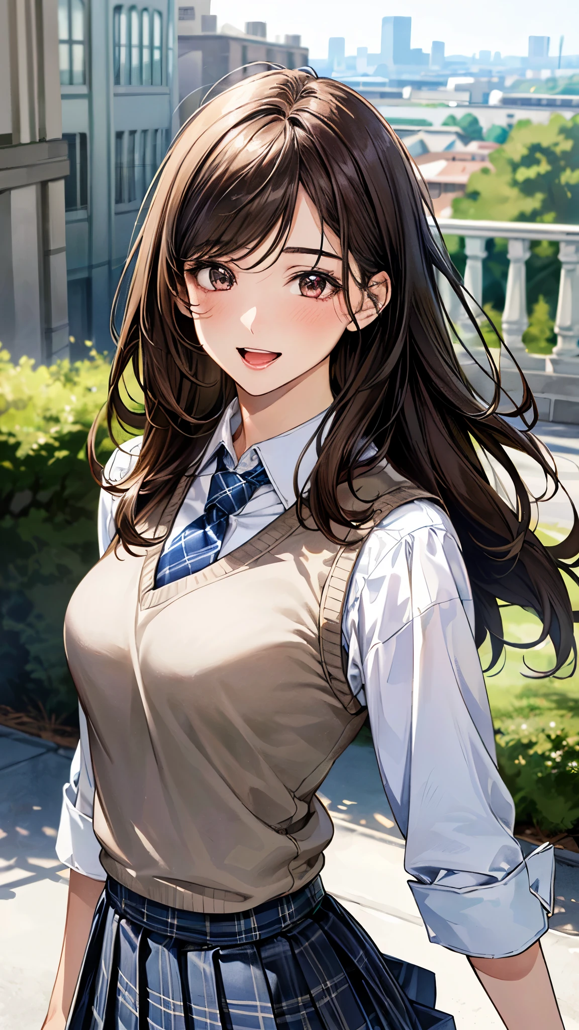 Anime girl with long brown hair and school uniform posing for picture ...