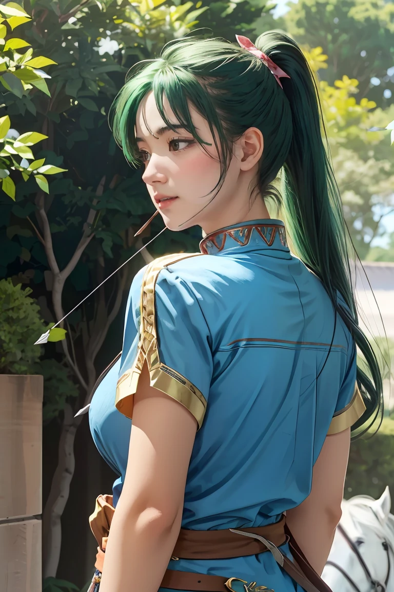 (masterpiece, best quality),  intricate details,
1girl,   lyn_(fire_emblem), 1girl, solo, ((green hair)), long hair, green eyes, high ponytail, blue dress, large breast, jewelry, fingerless gloves. hair ornament, lyn_(fire_emblem),
shooting range, she is holding an arrow, bows behind her back, white horse beside her, 