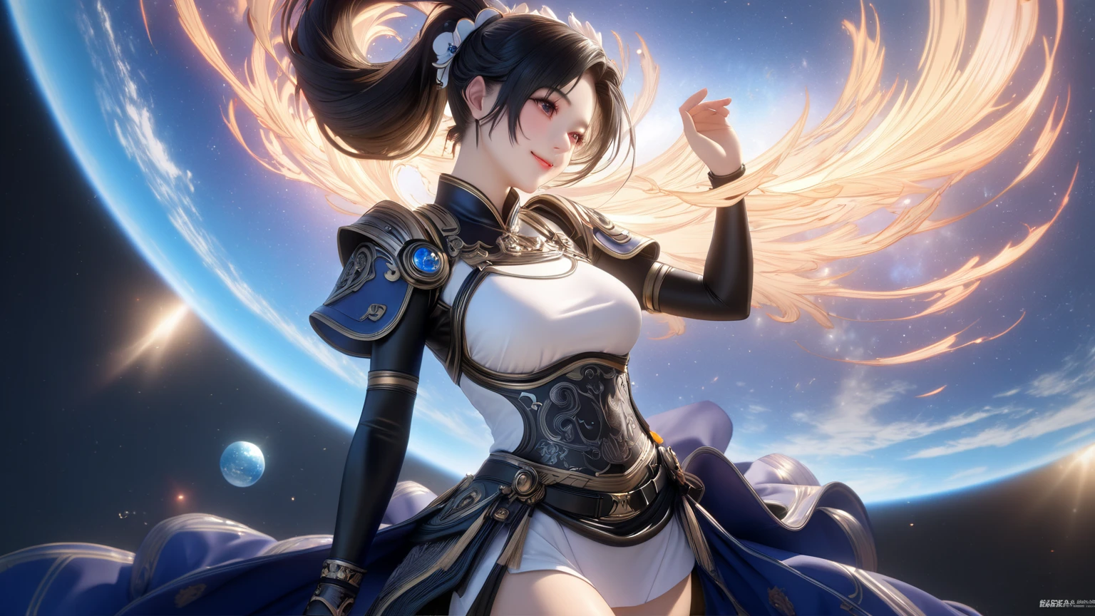 Miu Komatsu、(Azure and orange)、Blushing cheeks、Lightning speed、Neon Art、Cyber Girl,undulation、Elaborate metallic bones、Ayako Rokkaku、Painting, Frescoes、Double helix,foam, Best Quality, masutepiece, 超A high resolution, Intricate details, Mystical、Romanesque、Luminescent LED、Dutch Angle,Good anatomy)、power of the god、high-angle shot、Complex body poses、Analog 150mm lens、Beautiful Natural Soft Rim Light、