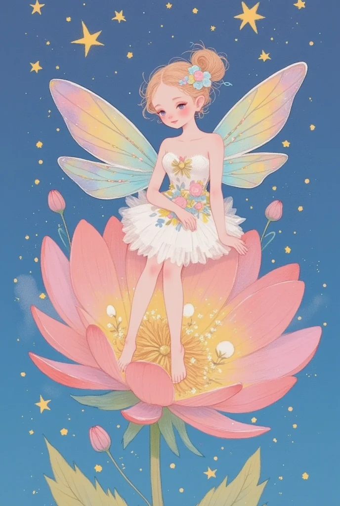 a cartoon fairy sitting on a flower with a moon in the background, space flower fairy, beautiful fairy, fairy aesthetics, beautiful fairies, study of a flower fairy, astral fairy, beautiful fairie, faerie, portrait of a fairy, dreamy illustration, smiling as a queen of fairies, beautiful adult fairy, fairy-tale illustration style, dreamy and detailed