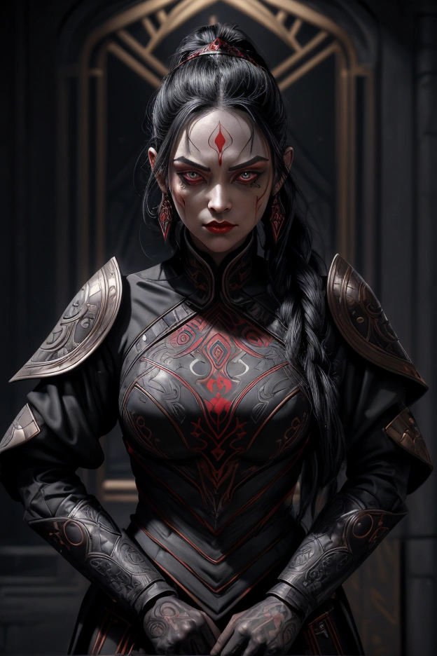 A pale and cold Sith lady in the Star Wars universe, with short, jet-black hair tied in a high ponytail. Her face is adorned with intricate red tattoos running along her eyes, symbols of her lineage. She has sharp, angular features and piercing dark eyes accentuated with heavy black makeup, giving her a menacing and regal appearance. She wears a finely detailed, dark crimson and black imperial tunic with subtle gold accents, exuding authority and elegance. The tunic hides her lightsaber, strapped discreetly at her side. She stands in an opulent yet restrained chamber – walls lined with sleek metallic panels, faint blue light casting shadows across the room. Her posture is upright and commanding, a figure of authority and deadly precision. High detail, cinematic lighting, ultra-realistic textures, masterpiece, 8K resolution, highly detailed, photorealistic art, dramatic atmosphere.