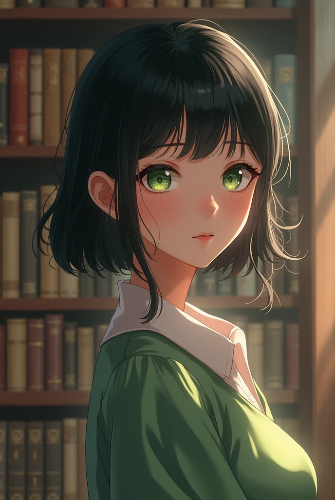 Beautiful girl with dark hair and green eyes in an anime library by ...
