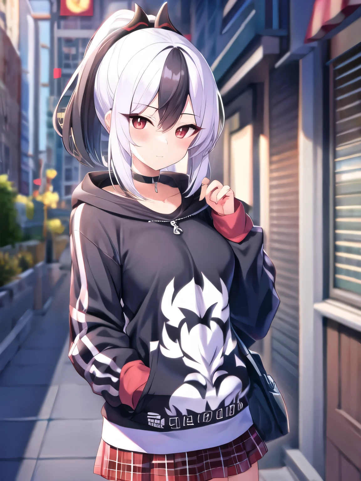 Top Quality Masterpiece High Resolution Demon Kayoko, White Hair, Black Highlights, Red Eyes, Beautiful Girl, Black Hoodie, Red Skirt, Medium Hair, Blushing Love, Melodele Delle, Ponytail, Cool Hoodie, Slender