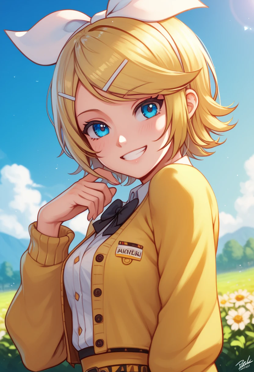 score_9, score_8_up, score_7_up, score_6_up, score_5_up, score_4_up , 1GIRL, rin kagamine, blonde hair, blue eyes, hair bow, short hair, yellow dress, cropped cardigan, smile, looking at viwers, daisy, day, HDR, 32K, 8K, 4K,