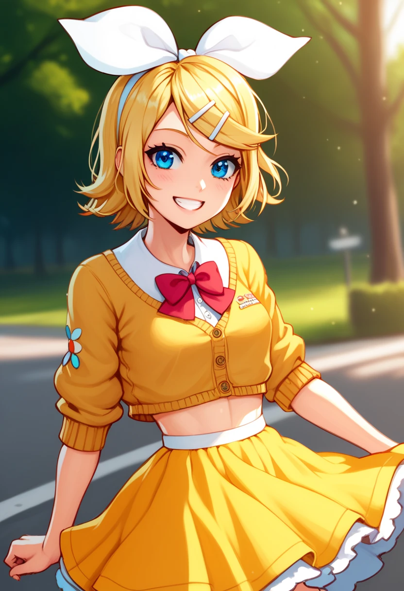 score_9, score_8_up, score_7_up, score_6_up, score_5_up, score_4_up , 1GIRL, rin kagamine, blonde hair, blue eyes, hair bow, short hair, yellow dress, cropped cardigan, smile, looking at viwers, daisy, day, HDR, 32K, 8K, 4K,