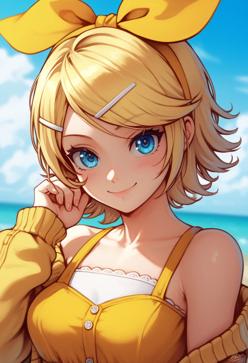 score_9, score_8_up, score_7_up, score_6_up, score_5_up, score_4_up , 1GIRL, rin kagamine, blonde hair, blue eyes, hair bow, short hair, yellow dress, cropped cardigan, smile, looking at viwers, daisy, day, HDR, 32K, 8K, 4K,