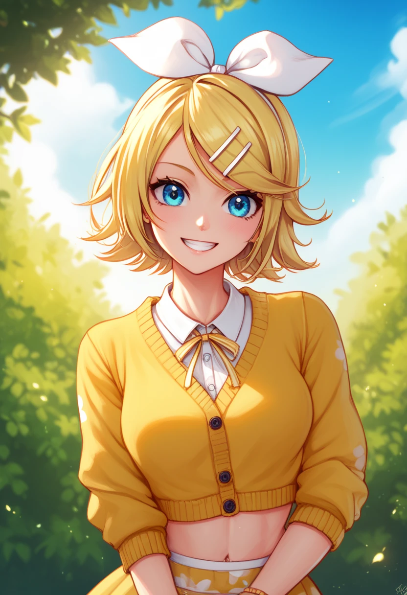 score_9, score_8_up, score_7_up, score_6_up, score_5_up, score_4_up , 1GIRL, rin kagamine, blonde hair, blue eyes, hair bow, short hair, yellow dress, cropped cardigan, smile, looking at viwers, daisy, day, HDR, 32K, 8K, 4K,