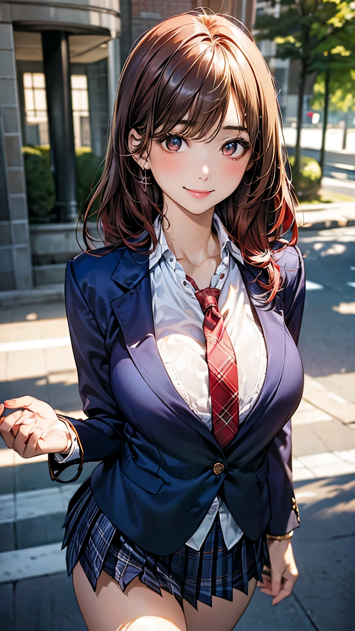 (masterpiece:1.2, top-quality), (realistic, photorealistic:1.4), beautiful illustration, (natural side lighting, movie lighting),
looking at viewer, cowboy shot, front view, 1 girl, japanese, high school girl, perfect face, cute and symmetrical face, shiny skin,
(middle hair:1.2, (two side up:1.2), light brown hair), gold eyes, (large :0.6, thighs),
beautiful hair, beautiful face, beautiful detailed eyes, beautiful clavicle, beautiful body, beautiful , beautiful thigh, beautiful legs, beautiful fingers,
(((navy blazer, close blazer), white blouse shirt, light blue plaid pleated skirt, red ribbon tie), red hair ribbon),
(beautiful scenery), evening, (riverside), walking, (lovely smile, upper eyes),