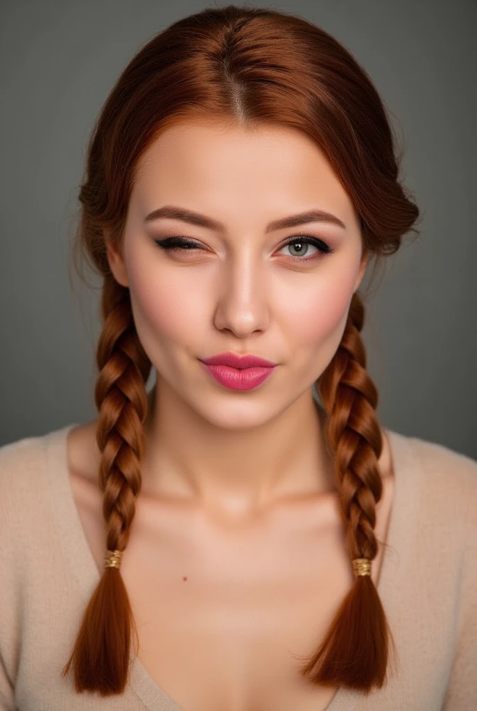 Woman, redhead, twin braids, pout, wink