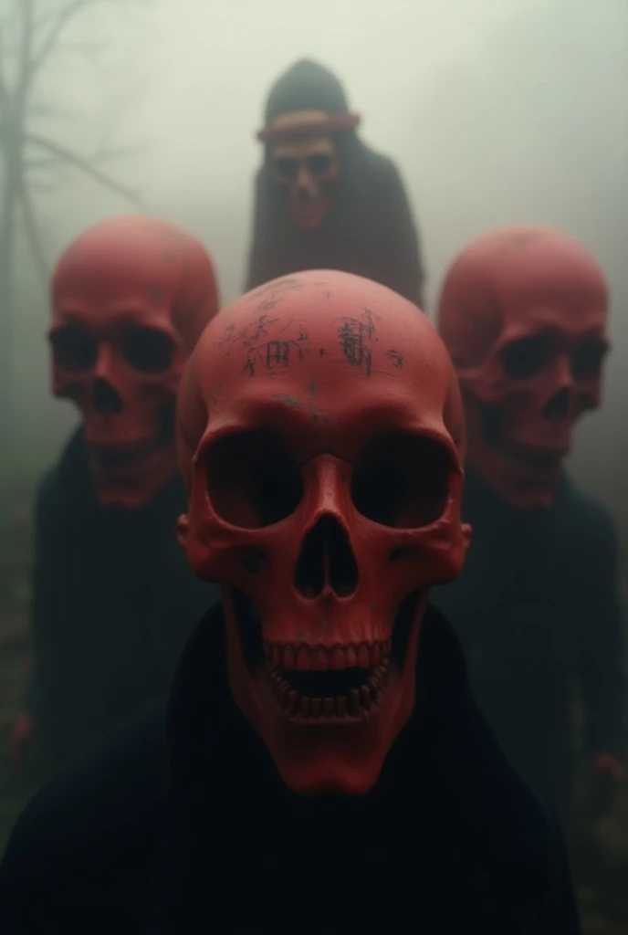 Skeleton crowd standing together in darkness and spot the one skeleton in smoking in blood rain make the background colour theme black and red 