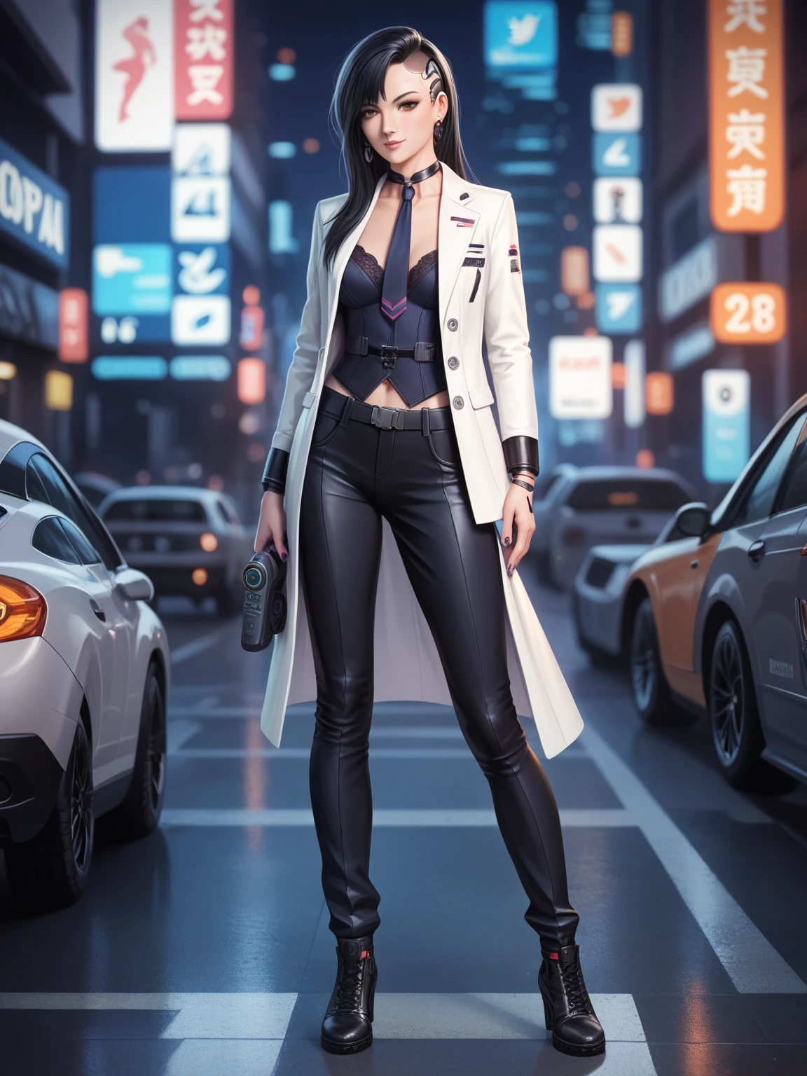 (absurdres, highres, ultra detailed, realistic, ), 1 18 year-old，girl, solo, elegance， long black hair, suits,brown eyes, (headphone)，cyberpunk city background, ultra - detailed, best quality, Detailed diagram, vectorized, 8K,  Graphic design, vector lines, Full-HD，full body