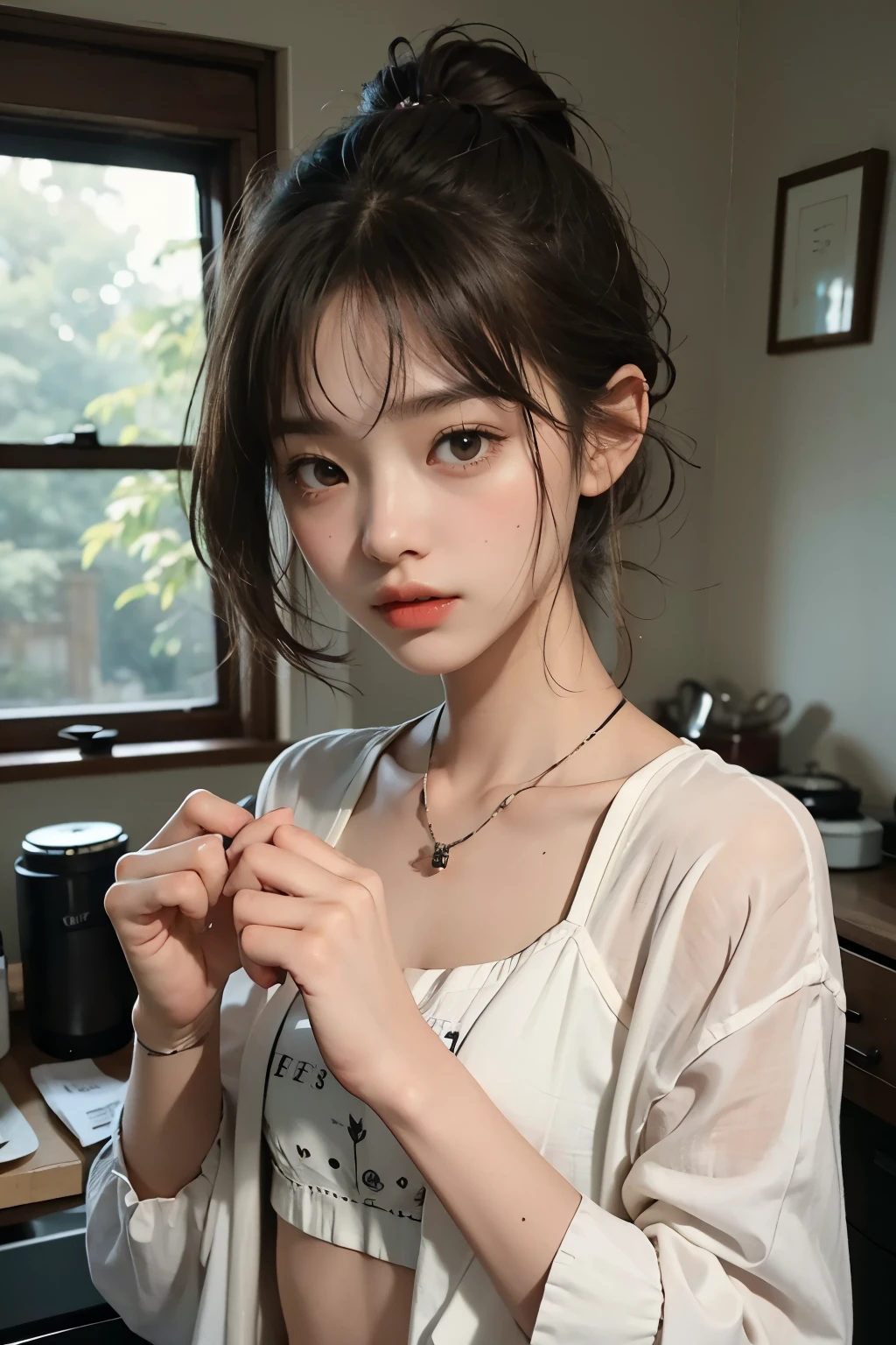 ((solo, 1 girl)), kobenihigashiyama, kobeni higashiyama, black hair, hair ornament, hairclip, mole, mole under eye, ponytail, short hair, (brown eyes:1.5), ((BREAK , camisole )), (smile), attitude, medium breast, medium , cleavage, BREAK looking at viewer, BREAK indoors, ((sitting on table, squished against table)), (((face focus, face closeup, alluring face))), beautiful face, ((hand on chin)) BREAK (masterpiece:1.2), best quality, high resolution, unity 8k wallpaper, (illustration:0.8), (((only upper body, upper body shot))), (beautiful detailed eyes:1.6), extremely detailed face, perfect lighting, extremely detailed CG, ((perfect hands, perfect anatomy)),((hand covering ))