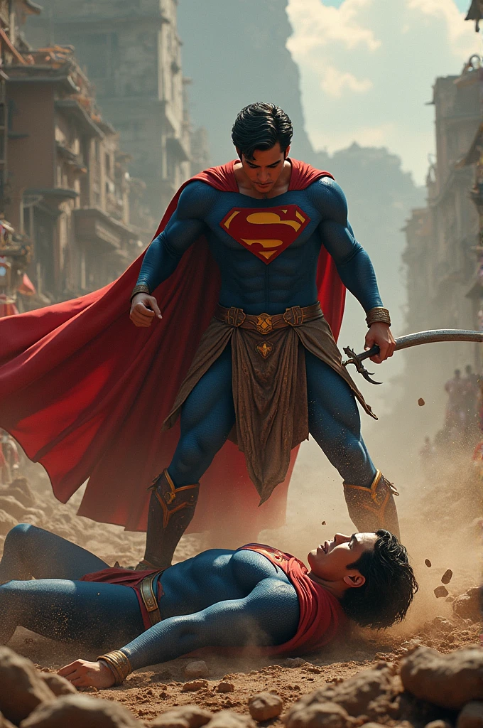 Superman e maravilha, Estilo de Arte DC Comics, Super-homem, Estilo DC Comics, Directed by: Juan O'Gorman, in the justice league, Parque John, Satoshi poderia artstyle, japanese dc live-action movie, rotoscopia, Wonder Woman on the ground with blood around Superman kneeling on the ground next to Wonder Woman screaming, superman com seu uniforme com manchas de sangue. dark scenario, realistc, ultra qualidade, ultra realismo