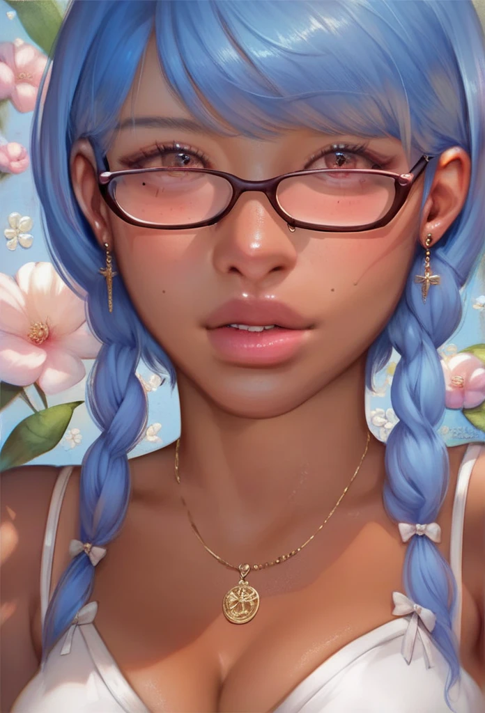 1girl, Anime girl with blue hair and bangs with glasses with beautiful tanned skin looking at the camera anime girl, pale skin, detailed background, detailed face shot (masterpiece, high quality:1),