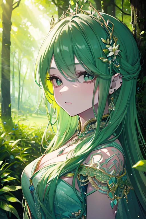 masterpiece,Highest quality,Highest quality,Beautiful and beautiful,Realistic,Full Shot,A beautiful girl the size of a flower, Flower spirits in human form,Sharp focus,Beautiful Eyes,Between the leaves,(Chiaroscuro:1.4),Ultra-realistic,attractive,Soft emerald green outfit,Sleeveless long dress,Glitter,Illumination,Transparency,Character Design, Digital Art