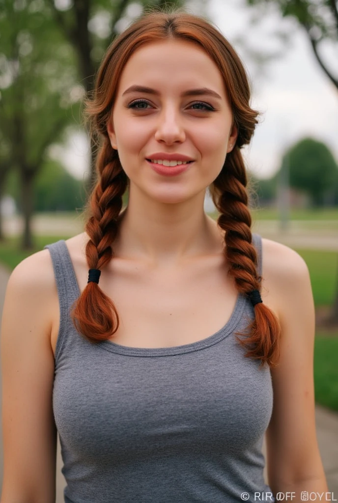 Woman, redhead, twin braids, wink