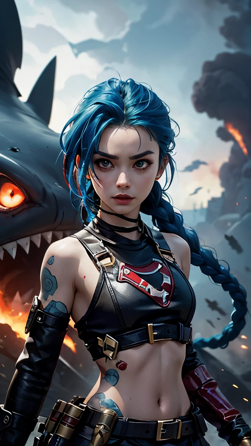 Jinx，shark rocket，Fierce eyes， red eyes，Ferocious face，Machine Gun ， Heavy Weapons ， best quality，An excellent masterpiece，War，battlefield background