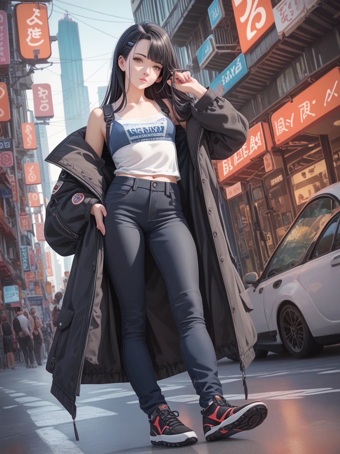 (absurdres, highres, ultra detailed, realistic, ), 1 18 year-old，girl, solo, elegance， long black hair, suits,brown eyes, (headphone)，cyberpunk city background, ultra - detailed, best quality, Detailed diagram, vectorized, 8K,  Graphic design, vector lines, Full-HD，full body