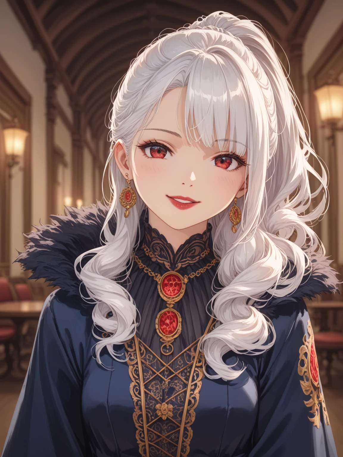 masterpiece, best quality, anime 2.5d artstyle, 1woman, no smile and charming young woman, 27 year old, happy look, portrait, extremely detailed face, red eyes color, [thick eyebrow] Beautiful, full body, western, Jewish, smile face, red lips, white hair color, jewelry, Necklace, big , masterpiece, best quality, realistic, one mature female, extremely detailed face, ((length white hair)), slender, Extremely delicate and elegant face, Sexy and feminine, cinematic lighting, no makeup, Victorian era, (whole portrait), Hogwarts background, hogsks, wearing slytherin uniform, slytherin uniform, add bangs hair, look at viewer, slytherin cloak, night background, bangs hair, add ponytail hair, ponytail hair,