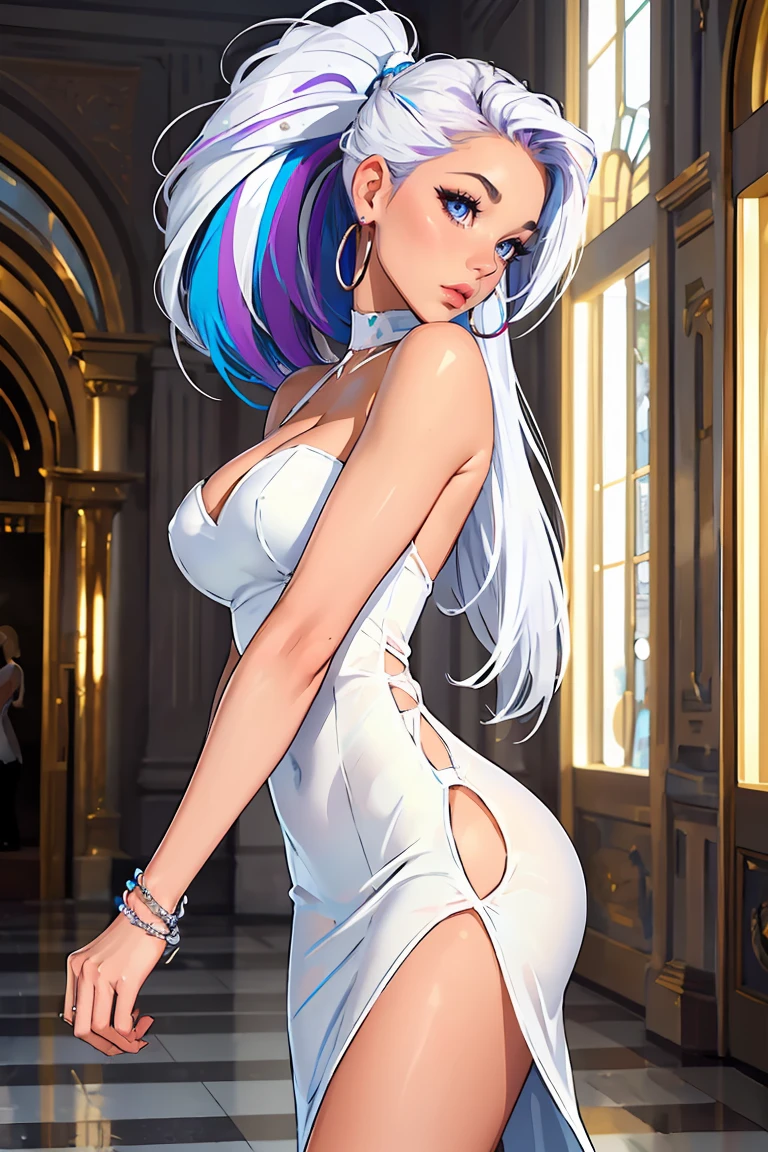 Goddess ((goddess-like woman)), slim elegant silhouette, masterpiece, (close angle), best quality, sweet face, (masterpiece:1,2, best quality), (real picture, intricate details), (1 lady , solo, medium , slim waistline, ), (blue eyes, white and purple hair, multicolored hair, white streaks, long hair:1.2) she has an impressive presence,  very high ponytail, bracelet, hoop earrings, beautiful face, beautiful eyes, she Wears a Sheer Skin & White Dress, sh33rsk1ng0wn,bare shoulders,white and tan dress,strapless dress, Sheer skin dress, high heels, Background: Large hall, it is in an art gallery. White turn with modern art,