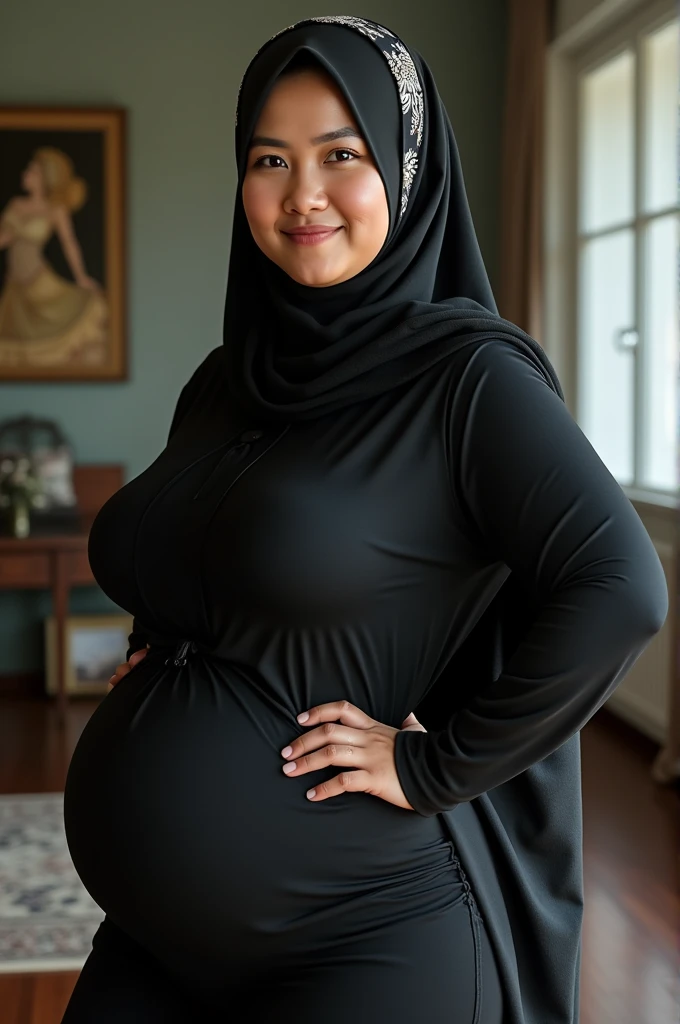 36 years old, Beautiful Indonesian Hijab Milf, Huge tits, Full body, slim body, wearing Burqa, Pregnant, Professional Photo shoot, Ultra Best Quality photo, 32K HDR Raw photo, at studio photo, professional light, depth of field.