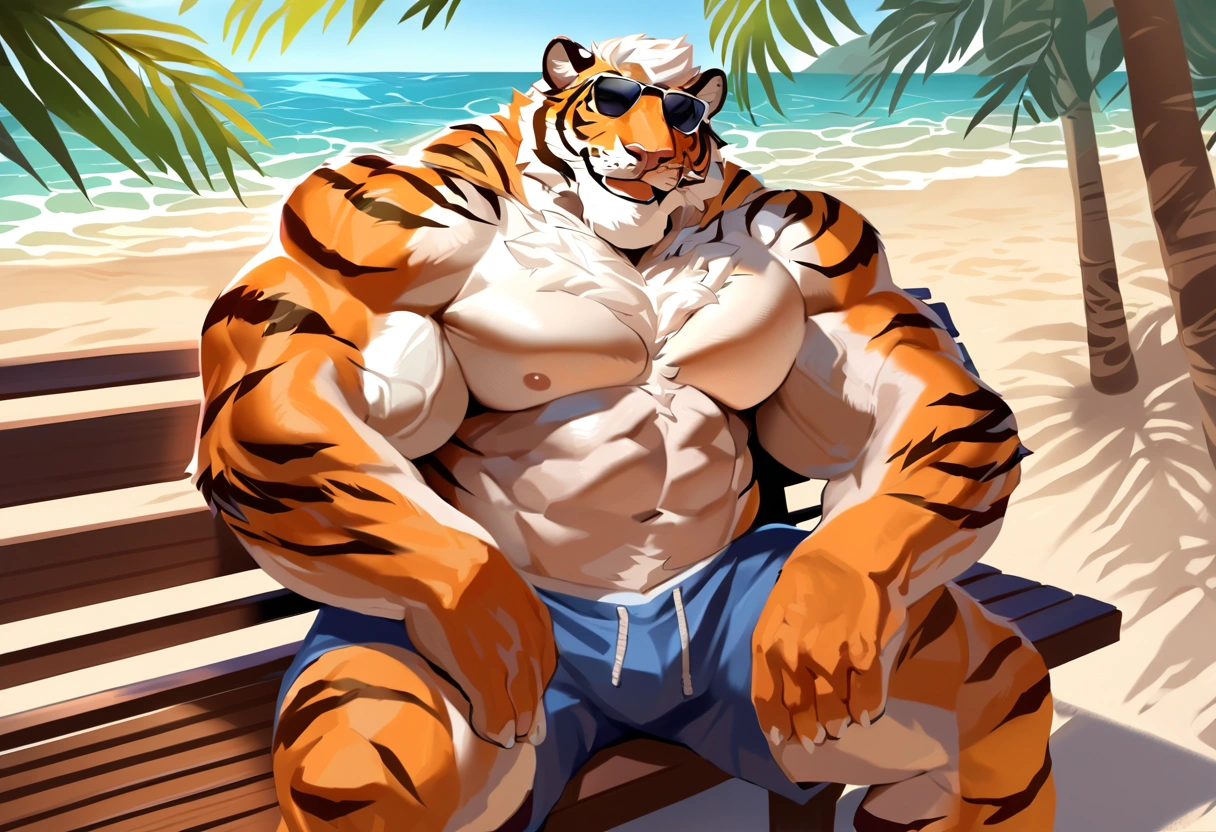 Very muscular furry tiger, wide back, very heavy build, bodybuilder build, very big pectoral muscle, laying at the beach, wear black thong, very big bulge groin, cinematic lighting, professional angle, vibrant color, holding bulge