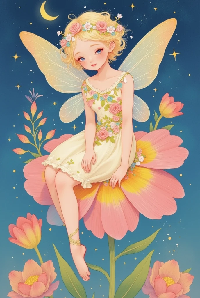 a cartoon fairy sitting on a flower with a moon in the background, space flower fairy, beautiful fairy, fairy aesthetics, beautiful fairies, study of a flower fairy, astral fairy, beautiful fairie, faerie, portrait of a fairy, dreamy illustration, smiling as a queen of fairies, beautiful adult fairy, fairy-tale illustration style, dreamy and detailed