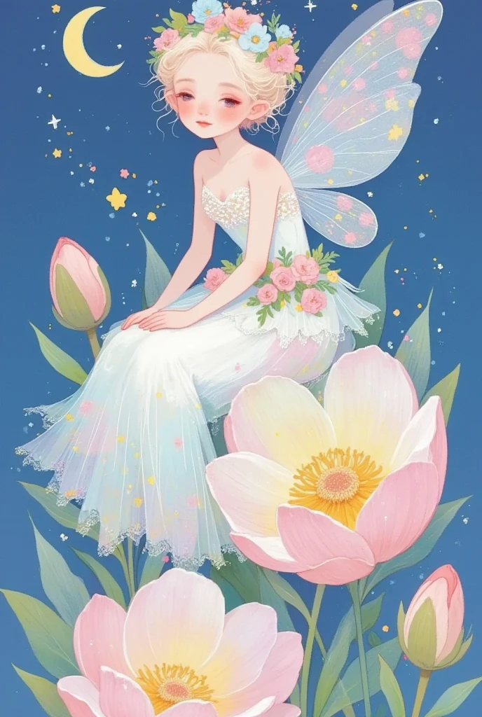 a cartoon fairy sitting on a flower with a moon in the background, an anime drawing by Ni Tian, pixiv, fantasy art, space flower fairy, beautiful fairy, fairy aesthetics, beautiful fairies, study of a flower fairy, astral fairy, beautiful fairie, faerie, portrait of a fairy, dreamy illustration, smiling as a queen of fairies, beautiful adult fairy