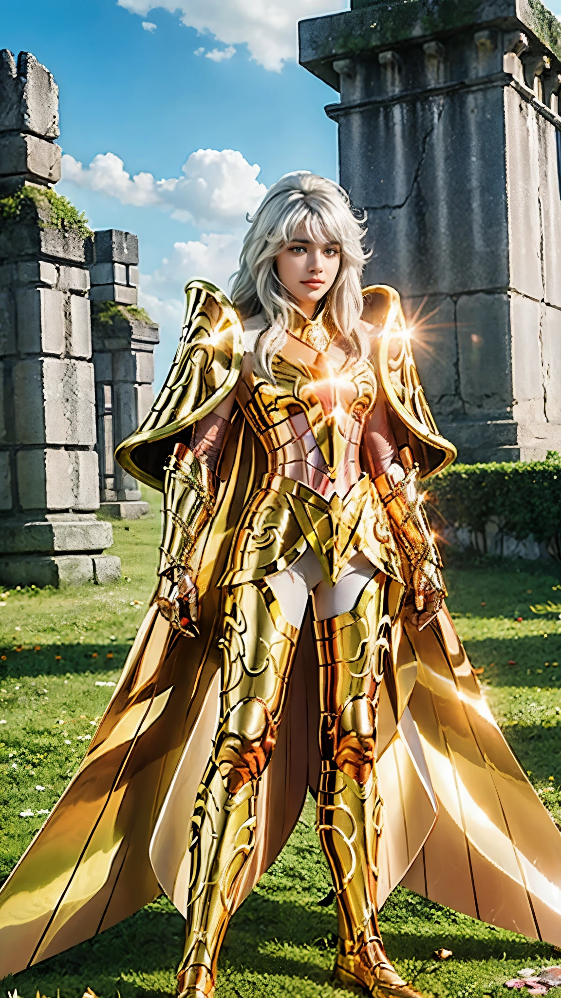 Ultra high saturation（masterpiece）， Full body photo，（The best quality）， （1 girl），White hair,  Wearing a shiny golden armorSexy lingerie type armor，expose your chest，Expose the waist，Exposing the thighs，Pose genial， Saint Seiya Armor， messy hair，High detail, anime style, cinematic lighting, Shine, Light of God, ray tracing, film grain, HD Hypertelevision, skin texture, Super detailed, Anatomically correct, A high resolution，yellow eyes, Ultra high saturation，high contrast，High gloss armor，soft leather，An insidious smile，lying realistically，（masterpiece，Quority superior，The best quality，official art，Beauty and aesthetics：1.2），He is very detailed，s fractal art，extremely colorful, breasts, big breasts, 