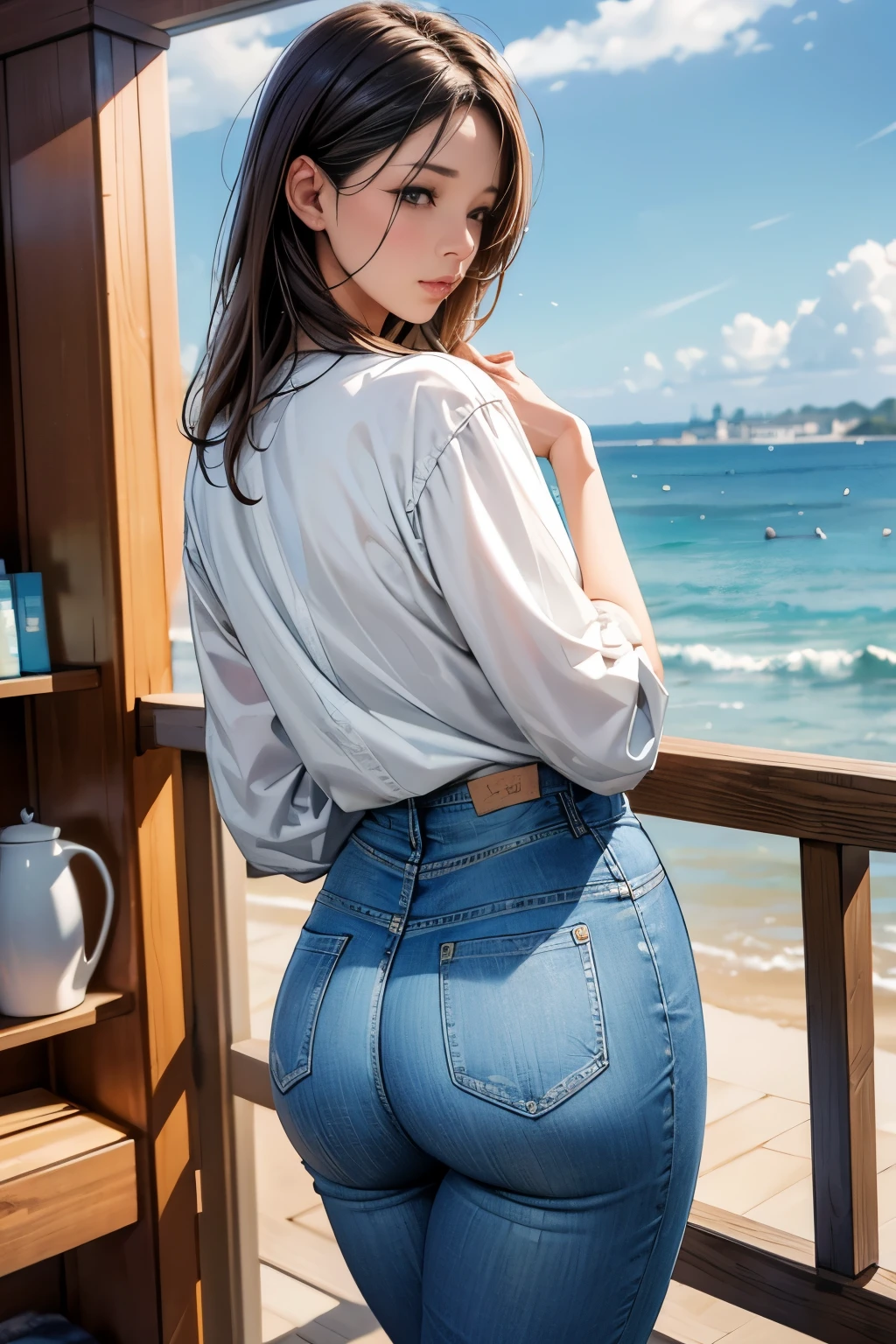 Perfect natural light、8K high definition 、 high definition 、 Beautiful Women、masterpiece、 Beautiful Mature Women 、A gentle gaze、Shopping in a small seaside town、Big Ass、Aunt、Denim pants
