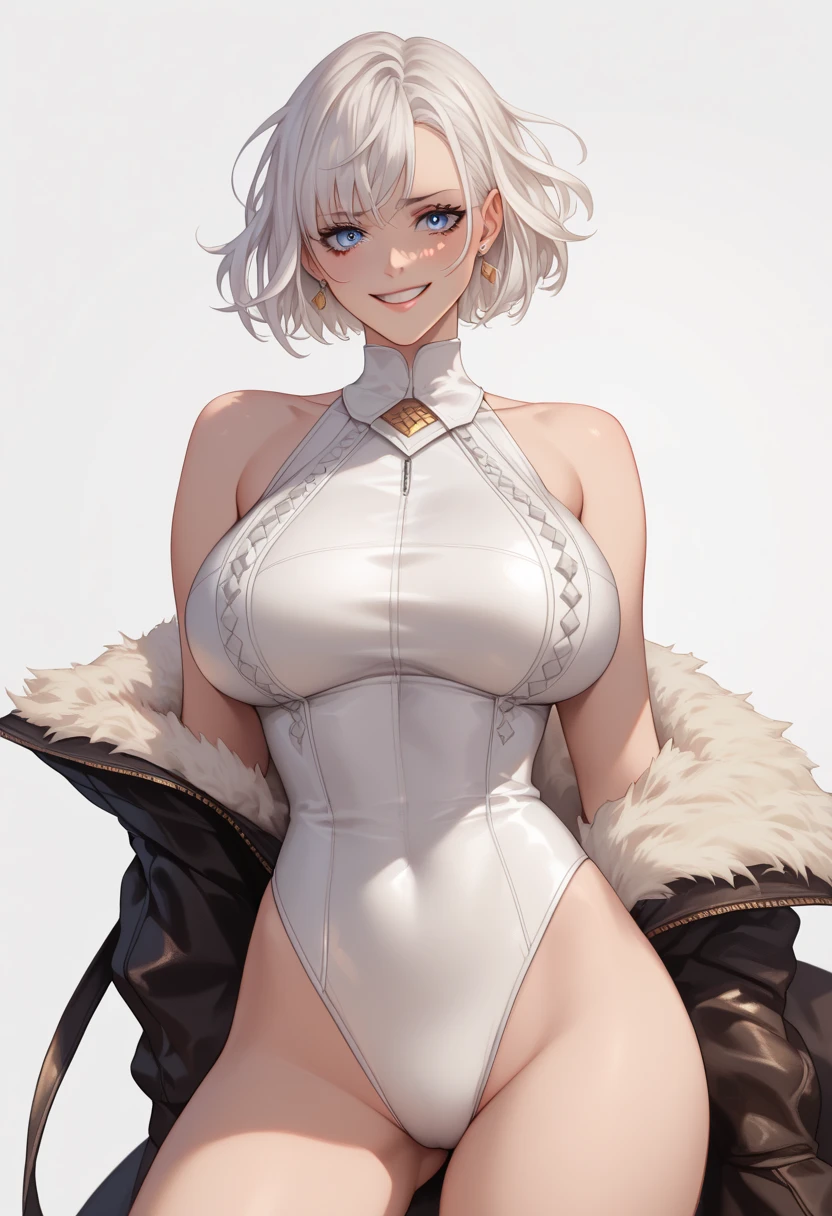 ( High resolution, necessary, Detail,  Textured leather,  Whole body)  masterpiece , 1 girl,  short hair,  white hair ,  large breasts,in white swimsuit, white background, Siesta, The Detective Is Already Dead, Pupilas brillantes,  embarrassed,  smiling,  looking at the spectator,  High resolution,  heavenly eyes , Detailed strokes, a garment 