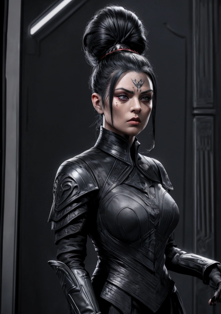 A pale and cold Sith lady in the Star Wars universe, with short, jet-black hair tied in a high ponytail. Her face is adorned with intricate red tattoos running along her eyes, symbols of her lineage. She has sharp, angular features and piercing dark eyes accentuated with heavy black makeup, giving her a menacing and regal appearance. She wears a finely detailed, dark crimson and black imperial tunic with subtle gold accents, exuding authority and elegance. The tunic hides her lightsaber, strapped discreetly at her side. She stands in an opulent yet restrained chamber – walls lined with sleek metallic panels, faint blue light casting shadows across the room. Her posture is upright and commanding, a figure of authority and deadly precision. High detail, cinematic lighting, ultra-realistic textures, masterpiece, 8K resolution, highly detailed, photorealistic art, dramatic atmosphere.