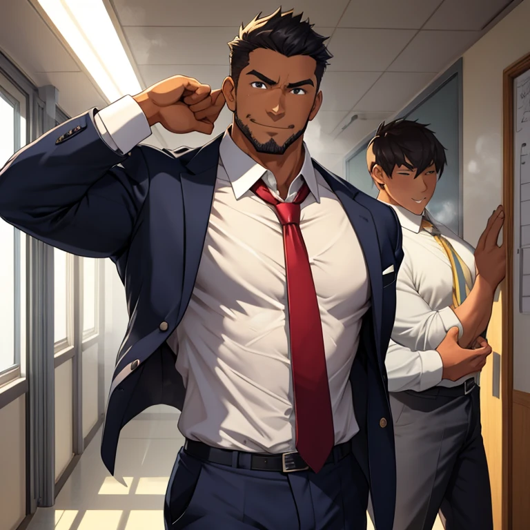 For men only, office building of a major company, glass-walled office, presentation, employee ID card hanging from the neck, office worker, businessman, glasses with black rim, business suit, tight business jacket, tight business slacks, tight and tight white long-sleeved shirt, tight and tight suit vest, business tie, suspenders, business shoes, luxury watches, men's socks, mega muscles, hyper muscle, masculine appearance, 35 years old, mature men, tight and tight-looking clothes and trousers, beautiful black eyes, handsome, fully dressed, beautiful muscles, complex and elegant, highly detailed digital painting, anime style art, art station, concept art, Top quality, masterpiece, ultra high definition, detailed background, realistic figure, muscular man, beard, muscle, volumetric lighting, depth of field, smooth and sharp focus, illustration, art, black face hair, cropped hair, black hair, muscle, navel, muscle, male, gay, hyper muscle, male focus, muscular male, yaoi, muscle, big buttocks, pectoral muscles, thick quadriceps, wide shoulder width, big latissimus dorsi, big biceps, thighs, wet body, heat and steam emanating from the body, sweaty, soaked, crotch, big back, turn around, show back, showing ass, upper class, shiny oiled skin, glittering oiled skin, tanned skin, bubble buttocks, muscular anime man, gigachado muscles, muscles!, high resolution commission, beef cake pose, Muscular!, Super Buff and Cool, Muscle!, Top Rated on pixiv, Super Buff and Cool, SFW Version, Multiple Guys, Multiple Ass Side by Side, Aligned in a Row, Focus on Butt, Focus on Ass, Focus on Ass, harem